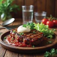 A high-quality, hyper-realistic image of a freshly grilled and steamed hot Beef steak, shot in a wide-angle side view photo