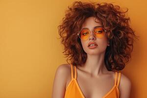 Chic woman with voluminous curls and stylish sunglasses poses against a vibrant yellow background photo
