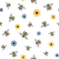 Seamless bee and flower pattern on white background vector