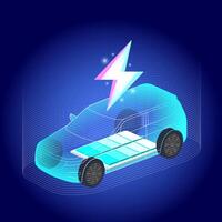 EV technology with a futuristic electric car outline, highlighting its battery system. A glowing lightning bolt symbolizes charging, set against a modern blue gradient background. vector