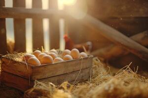 A red chicken stands beside a box of fresh eggs resting in warm straw. photo