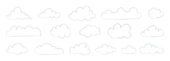 Sketch style cloud set with soft pencil texture. Cute blue weather elements in doodle style. Hand drawn outline clouds. Minimal spring design. Flat illustration isolated on white background. vector