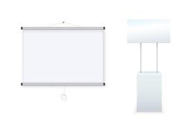 Advertising promotional stands. Realistic modern simple rack or counters multiple promotional desk with sign top clean empty promo tables with signboard white mockup. vector