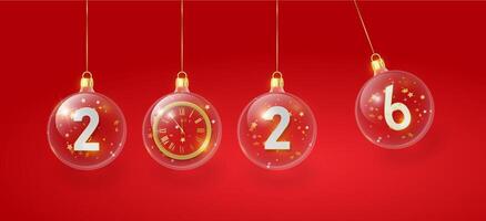 2026 gold metal number for New Year . Festive Christmas banner with falling confetti on bright background. Realistic Golden 3d number. vector