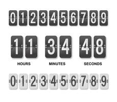 Clock countdown display. Set numbers flip watch. Black and white date counter flip display isolated on white background vector