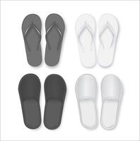 Realistic 3d White and Black Blank Empty Flip Flop Closeup Isolated on White Background. Design Template of Summer Beach Flip Flops Pair Mockup. vector