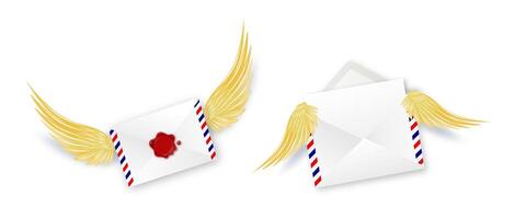 Paper envelope with golden angel wings. Letters Be my Valentine. White envelope with wings. Realistic 3d design congratulations mail, falling envelope. vector