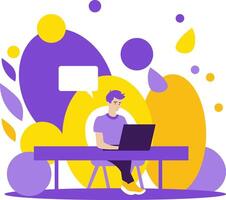 Illustration of a guy with computer flat design or business illustration, yellow and purple vector