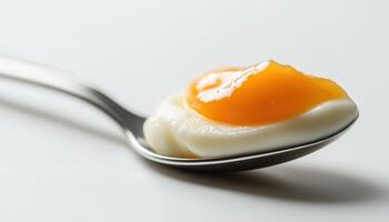 Delicious Spoonful Of Yogurt Topped With Luscious Peach Jam On A White Background photo