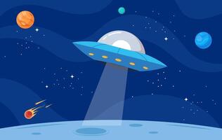 Flying saucer in flat design with space on starry night background. illustration. vector