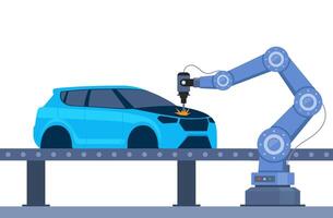 Process of automated car production. Wehicle parts on the machinery line with robotic hands. Assembly line at automobile factory vector