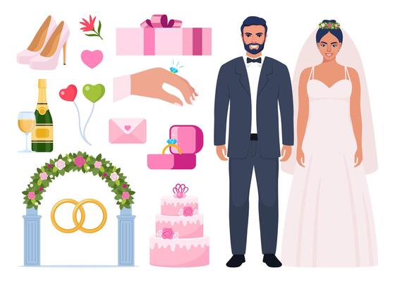 Groom and bride. Wedding accessories, decorations set. Party, proposal, wedding, anniversary elements. Celebrate marriage, save date ceremony