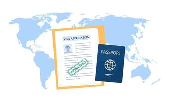 Visa application document. Visa application form, passport, world map on background. World travel, tourism, holidays concept vector