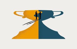 Two businessmen shaking hands on connected trophy puzzle, business collaboration to share success concept, minimal business design. vector