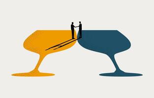 Two businessmen shaking hands on wine glasses clinking, building business relationship, finding business partner concept, minimal business design. vector