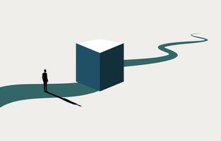 Businessman looking at cube blocking his way, business obstacle, career challenge concept, minimal business design. vector