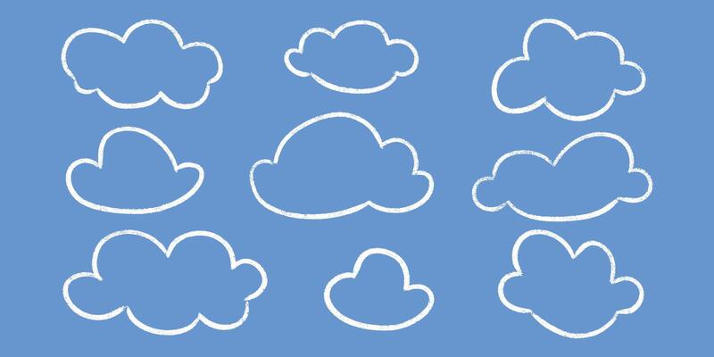 Chalk cloud shapes kid crayon doodle set - cute fluffy outline sketch style silhouettes design.