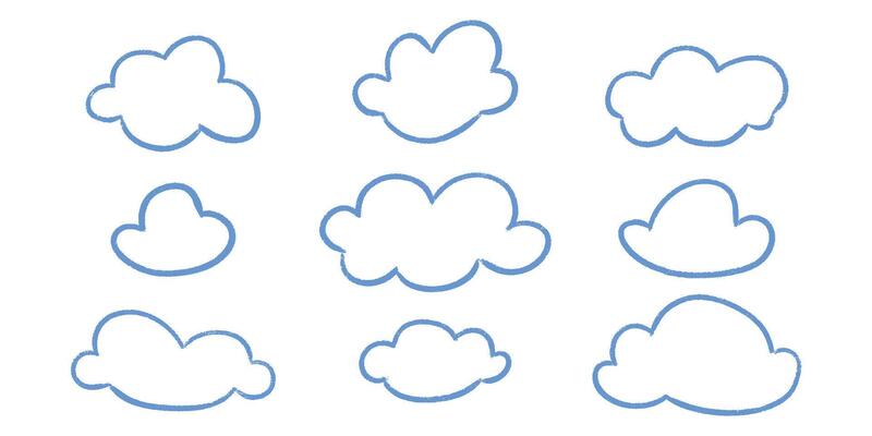 Kid crayon chalk cloud doodle set - lovely imperfect squiggly outlines ragged borders.