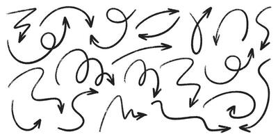 Pencil chalk arrow scribbles collection - doodle pointers, curved lines, round swirls hand drawn. vector