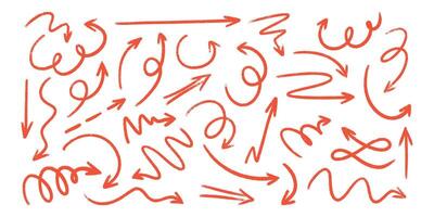 Red chalk arrow scribbles set - hand drawn doodle swirls, curves, pointers pack. vector