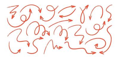 Red pencil arrow doodles set - hand drawn swirls, curved lines, chaotic pointers. vector