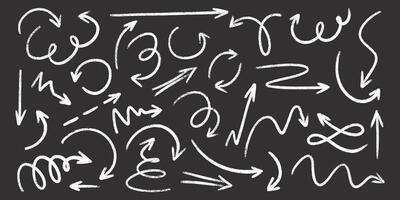 Chalk crayon arrows collection - hand sketched white doodle swirls, curved lines, pointers on blackboard. vector
