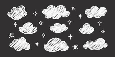 Chalk clouds and stars kid drawing set - white hand drawn style outlines, sketched crayon on black background. vector