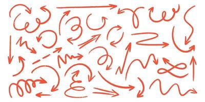 Red crayon arrow doodles collection - hand sketched curved lines, round swirls, pointers. vector
