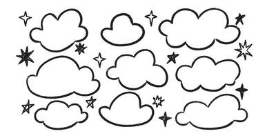 Kid pencil sketch clouds doodles set with stars - charcoal chalk hand drawn shapes isolated on white background. vector
