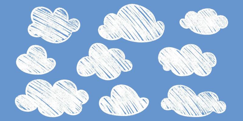 Crayon cloud kid chalk grunge clipart - distressed vintage effect smudged lines abstract shapes.