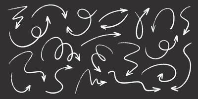 Chalkboard arrow doodles pack - white chalk hand drawn swirls, chaotic curves, artistic pointers. vector