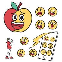 This digital illustration presents a collection of expressive emojis, an apple emoji, and a person interacting with a mobile phone. vector