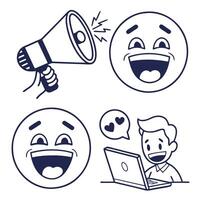 Hand-drawn illustrations that capture the essence of communication, joy, and affection. A megaphone conveys announcements, a grinning emoji spreads positivity. vector