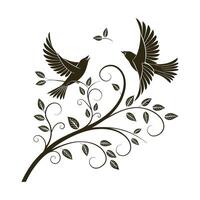 Tree branch silhouette with birds flying vector
