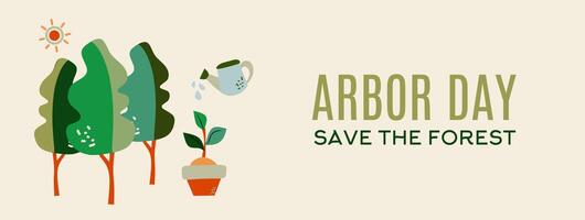 Arbor Day template. Save trees illustration graphic with tree, leaves, watering plants, typography. Symbols of gardening on horizontal background. Editable template for poster, banner and cover vector