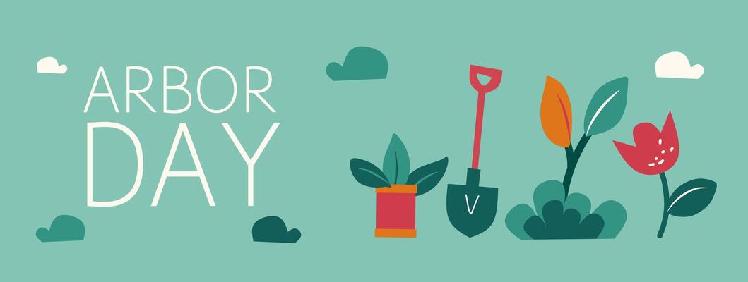 Arbor Day template. Save trees illustration graphic with tree, leaves, grass, equipment, typography. Symbols of gardening on green background. Editable template for poster, banner and cover.