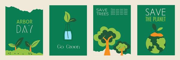 Set of Arbor Day template. Save trees illustration graphic with tree, leaves, earth, planet. Symbols of gardening on green background. Flat editable collection for poster, banner and cover. vector