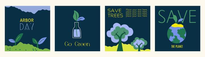 Set of Arbor Day template. Save trees illustration graphic with tree, leaves, earth, planet. Symbols of gardening on dark background. Flat editable collection for poster, banner and cover. vector