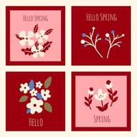 Set of hello spring editable greeting card. Vintage spring set posters in pink and red background. Hand drawn frames with lovely flowers, leaves, tulip. Flat template for holiday cover and banner. vector