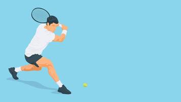 Tennis match with a dynamic scene of a tennis player with the racket Illustration. Male tennis player runs to hit the ball with a racket. vector