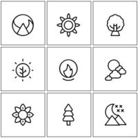 a set of nine icons that include trees, sun, and other elements vector