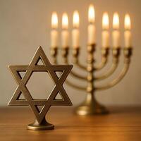 Hanukkah Celebration with Star of David Ornament and Menorah Candles in Soft Natural Light photo