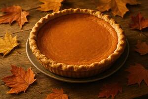 Thanksgiving Close Up of Pumpkin Pie on Rustic Table with Autumn Leaves in Warm Golden Hour Lighting photo