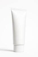 White Cylindrical Plastic Tube with Screw Cap in Studio Lighting, Photorealistic, Smooth Matte Finish, High Resolution on Clean Isolated White Background, Three Quarter View, Professional Design photo