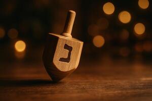 Close Up of Dreidel Spinning on Wooden Table with Hanukkah Lights in Background Creating Warm Festive Ambiance photo