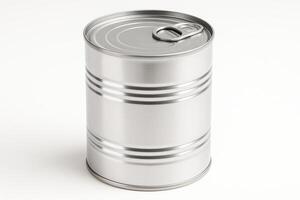 White Cylindrical Metal Can with Pull Tab Lid on Isolated White Background in Professional Studio Lighting, Ultra High Resolution and Photorealistic Design with Shiny Finish photo