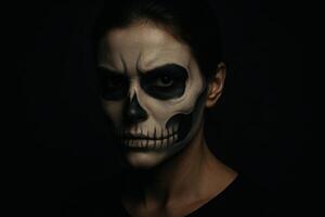 Mysterious Portrait of Woman with Skeleton Makeup for Halloween in Low Key Lighting, Highlighting Creative Face Paint and Eerie Atmosphere photo