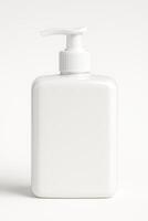 White plastic dispenser bottle with pump cap isolated on white background. Studio product shot. Hygiene and cosmetic packaging concept. Design for banner, poster, header, mockup. Front view photo
