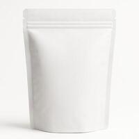 White Stand Up Pouch With Zipper Lock for Protein Powder on Textured Surface in Ultra High Resolution, Photorealistic Professional Studio Lighting, Isolated Clean White Background photo