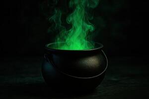 Black Halloween Witch Cauldron with Glowing Green Smoke Rising, Illuminated by Eerie Moody Lighting, Spooky Atmosphere photo